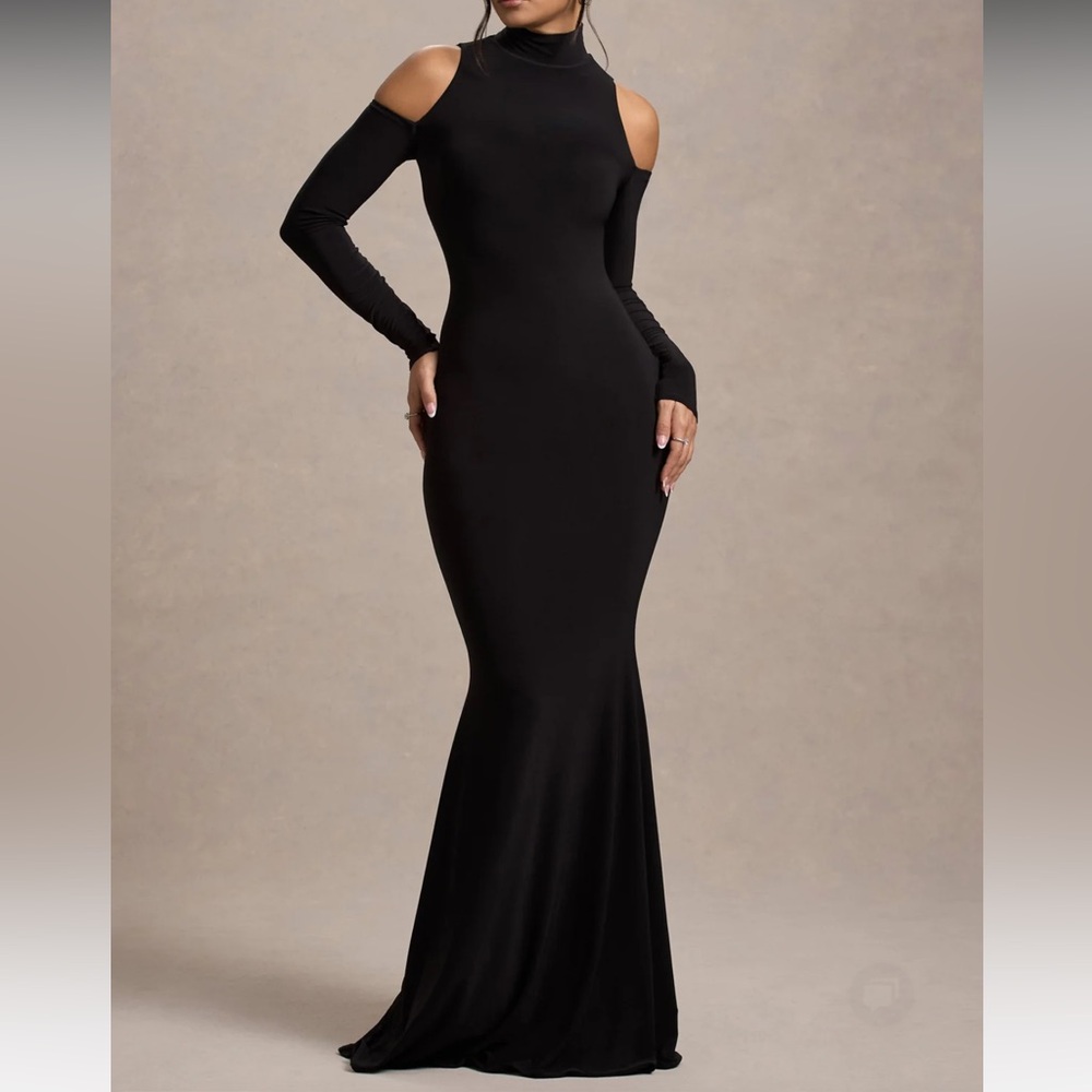 Club L London Black Turtleneck Cold Shoulder Gown